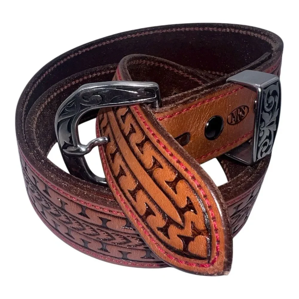 Tandy Tooled Mens Leather Belt Sz 44 Western Brown Floral Silver Tone Rodeo